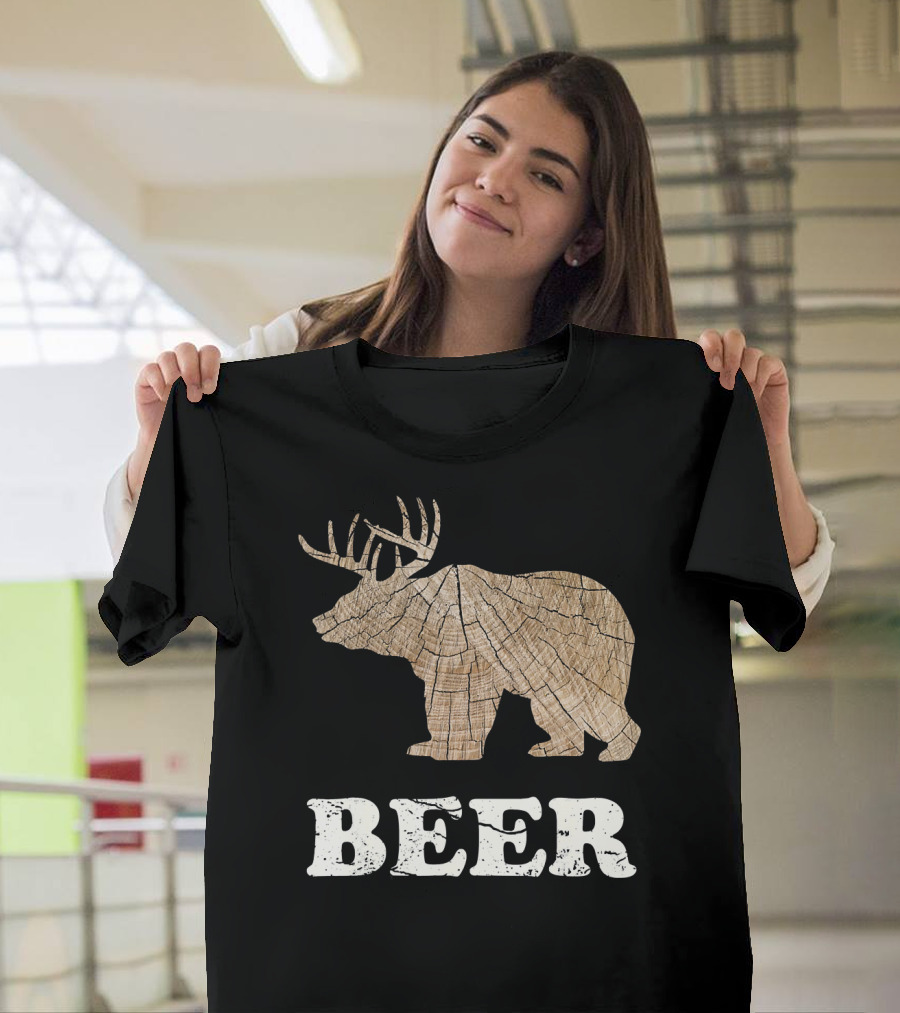 Bear Deer Antler BEER Wood Texture T-Shirt