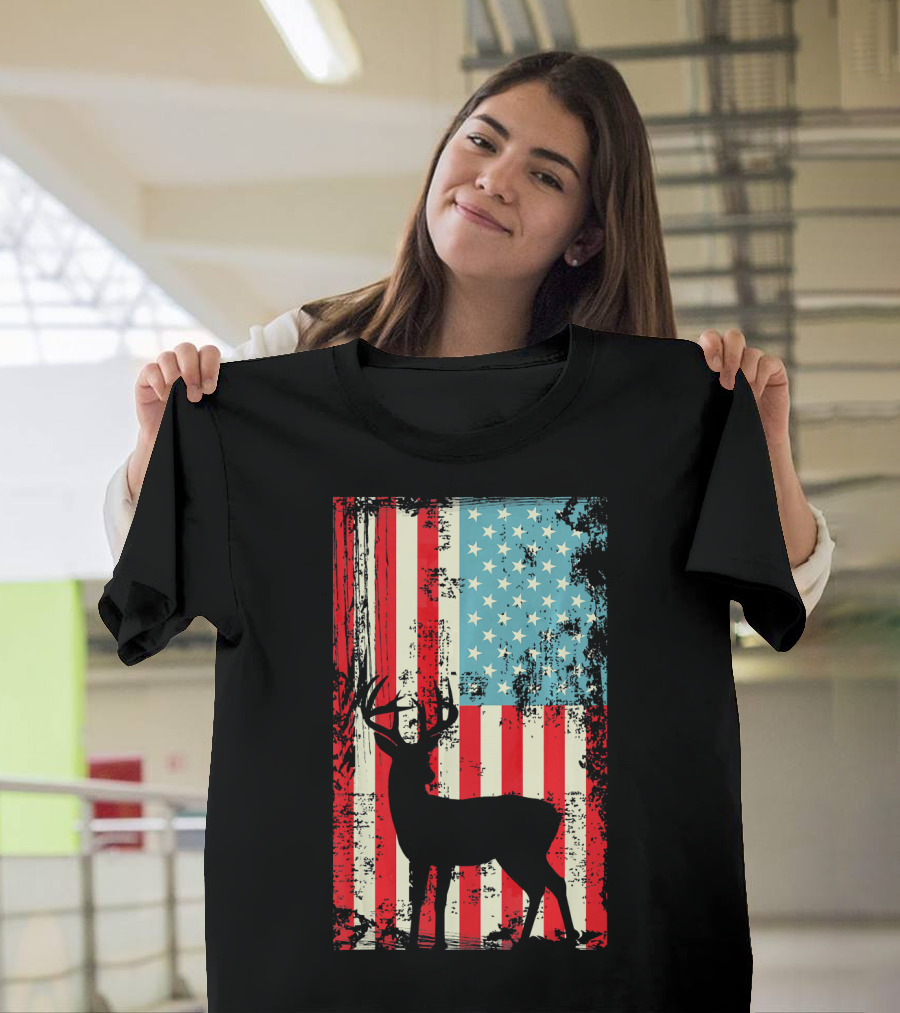 Deer Hunter American Flag Patriotic T-Shirt