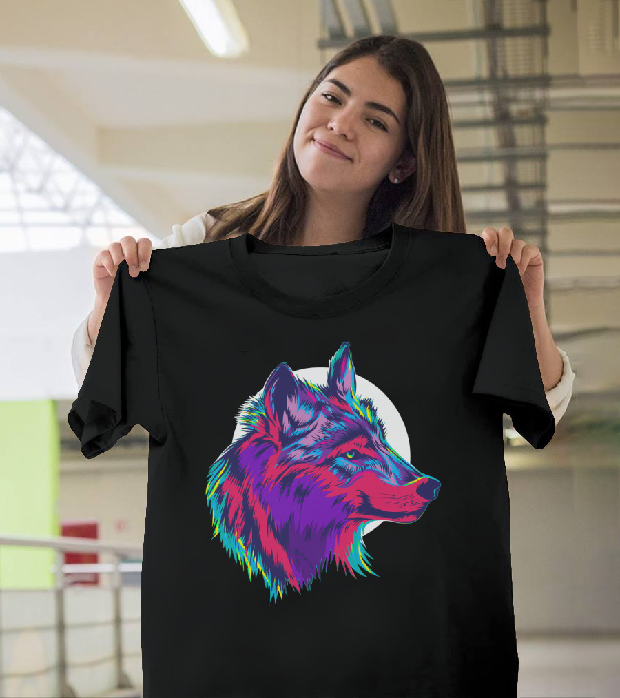 Cute Wolf in Purple Northern Light Color with Vibrant Fur Against T-Shirt