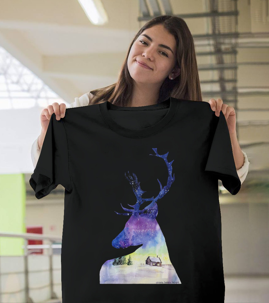 Beautiful Deer Winter Scene with Cabin and Snowy Landscape T-Shirt