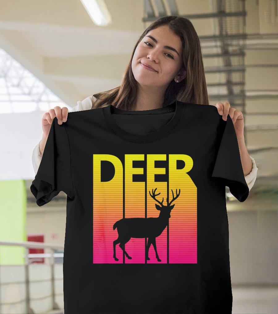 1980s Retro Deer Animal Lover Silhouette Neon Stripes T-Shirt
