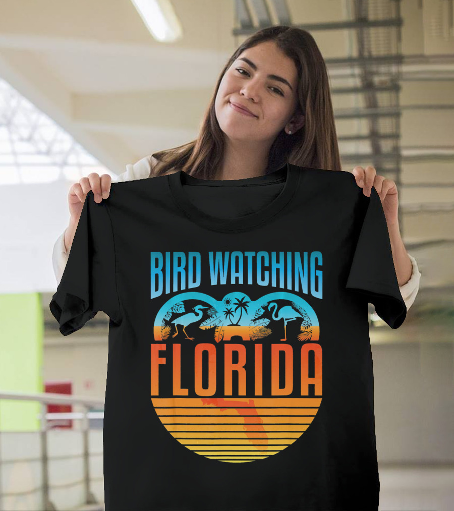 Bird Watching Florida Flamingo Logo Sunset Scene T-Shirt