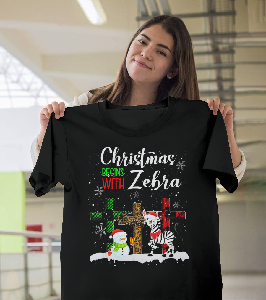 Christmas Begins With Zebra Snowman Santa Hat Crosses T-Shirt