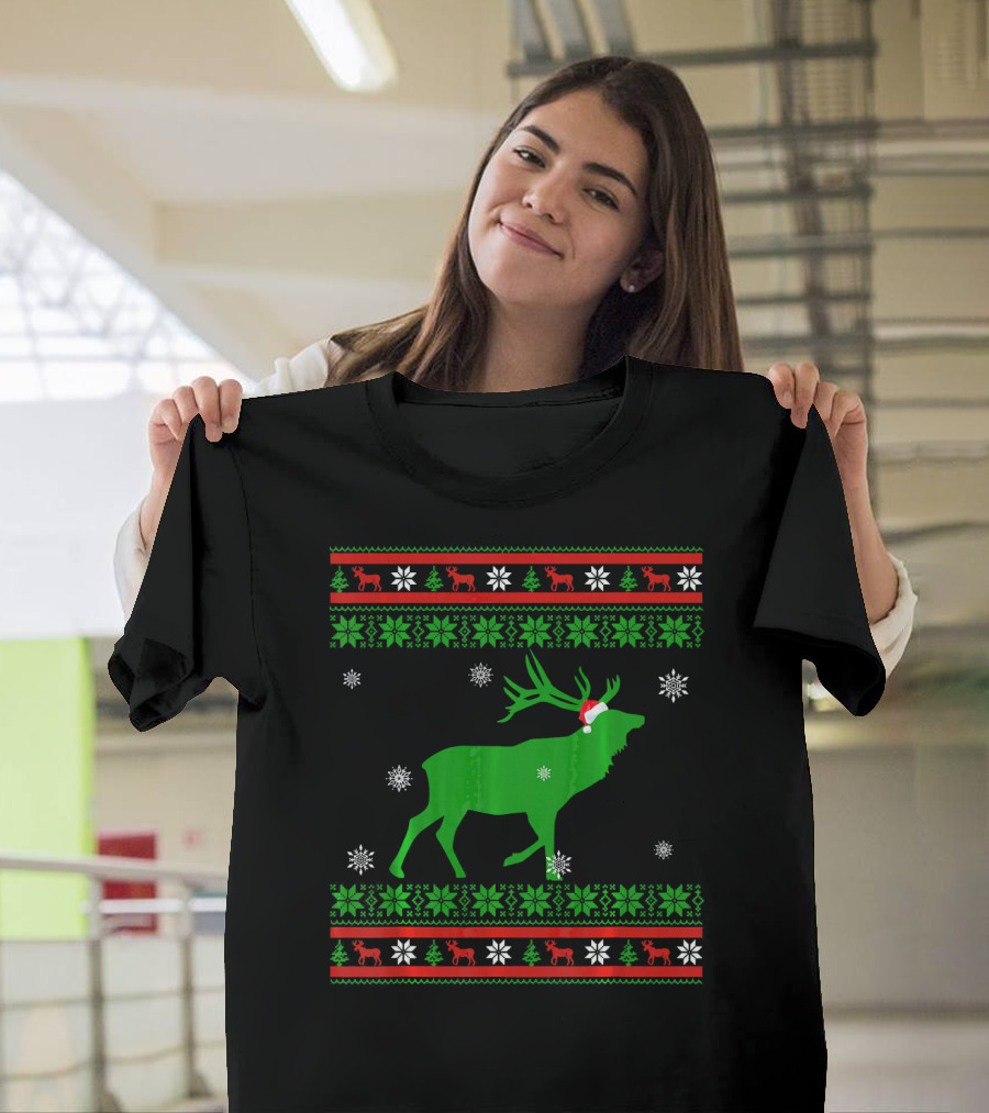 Deer Christmas Ugly Santa's Hat Snowflakes Reindeer Festive T-Shirt