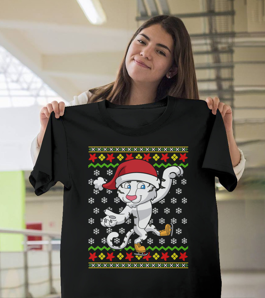 Christmas White Tiger Santa Hat Ice Skating Snowflakes T-Shirt