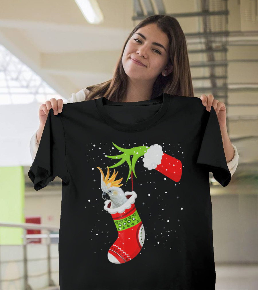 Grinch Hand Holding Christmas Stocking with Cockatoo T-Shirt