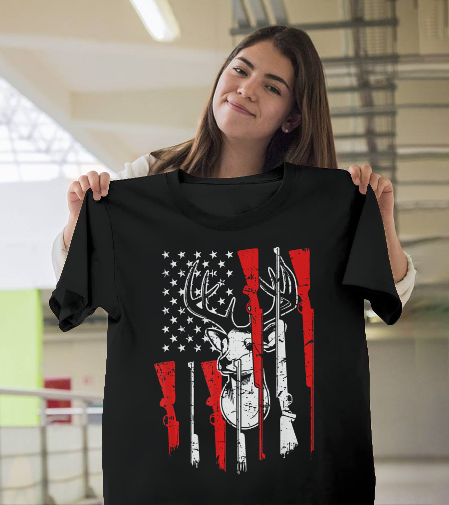 American Flag Deer with Hunting Rifles for 4th of July T-Shirt