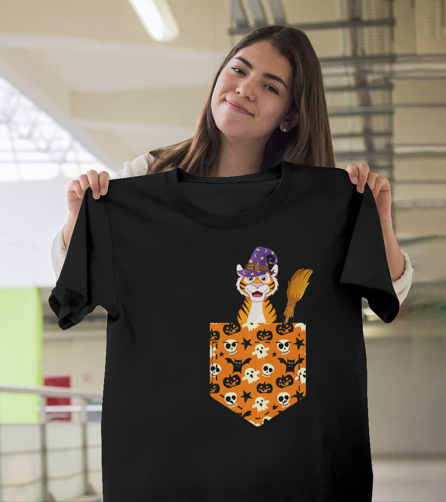 Cute Tiger Pumpkin Pocket Halloween Costume with Witch Hat and Broom T-Shirt