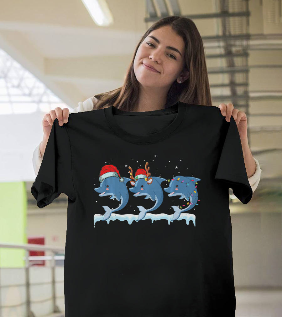 Dolphin Christmas Santa Hat Reindeer Lights Snowflakes Holiday Fun T-Shirt