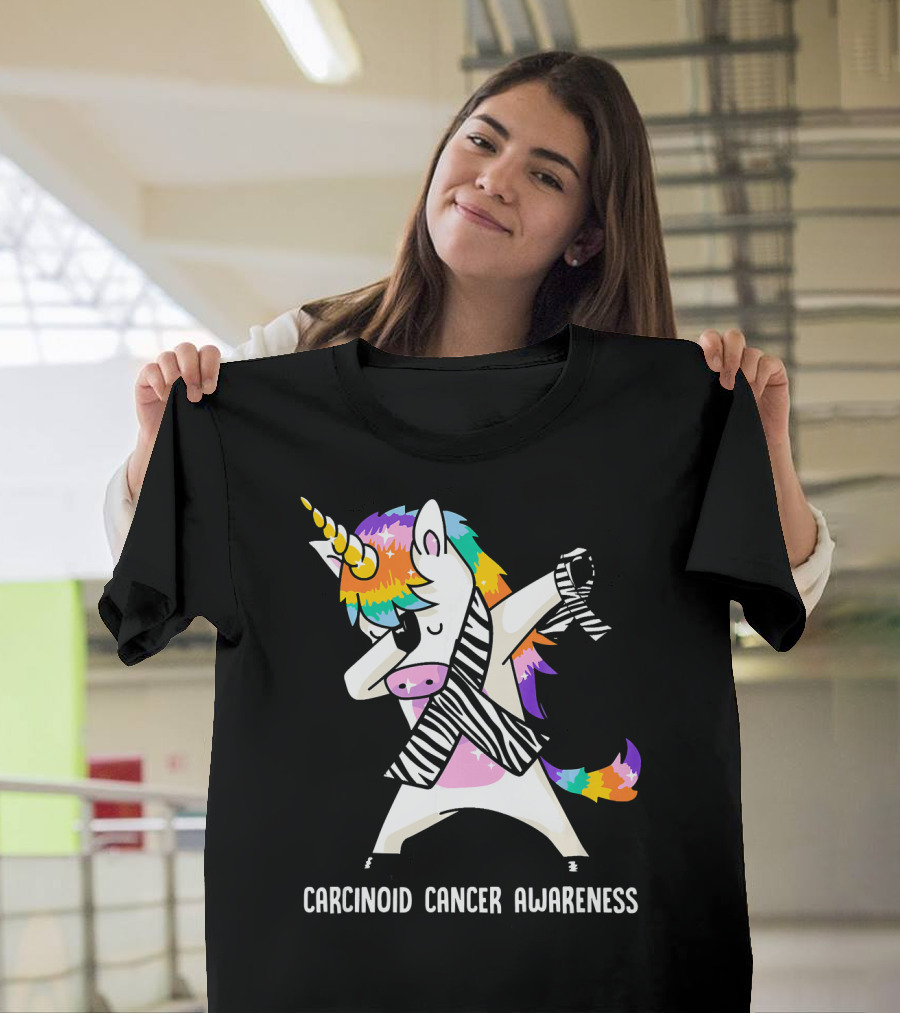 Carcinoid Cancer Awareness Unicorn Zebra Dabbing Rainbow Mane T-Shirt