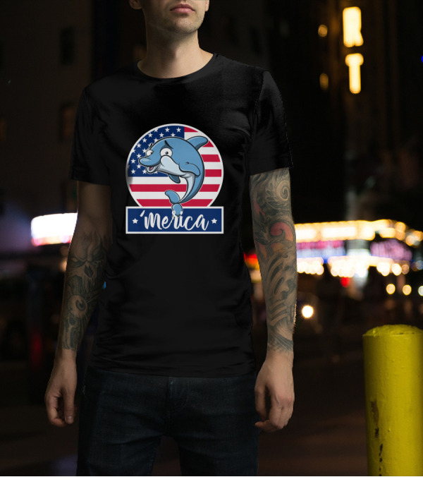 4th Of July Merica Dolphin With American Flag Stars T-Shirt