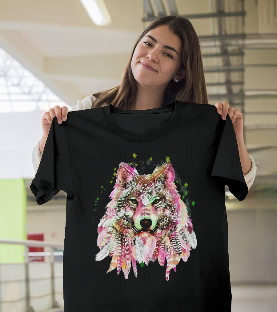 NATIVE AMERICAN WOLF WITH FEATHERS TATTO STARRY NIGHT T-Shirt