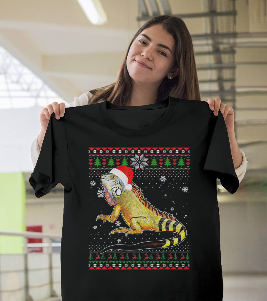 Merry Christmas Iguana Santa Hat Ugly Sweater Snowflakes Holiday T-Shirt