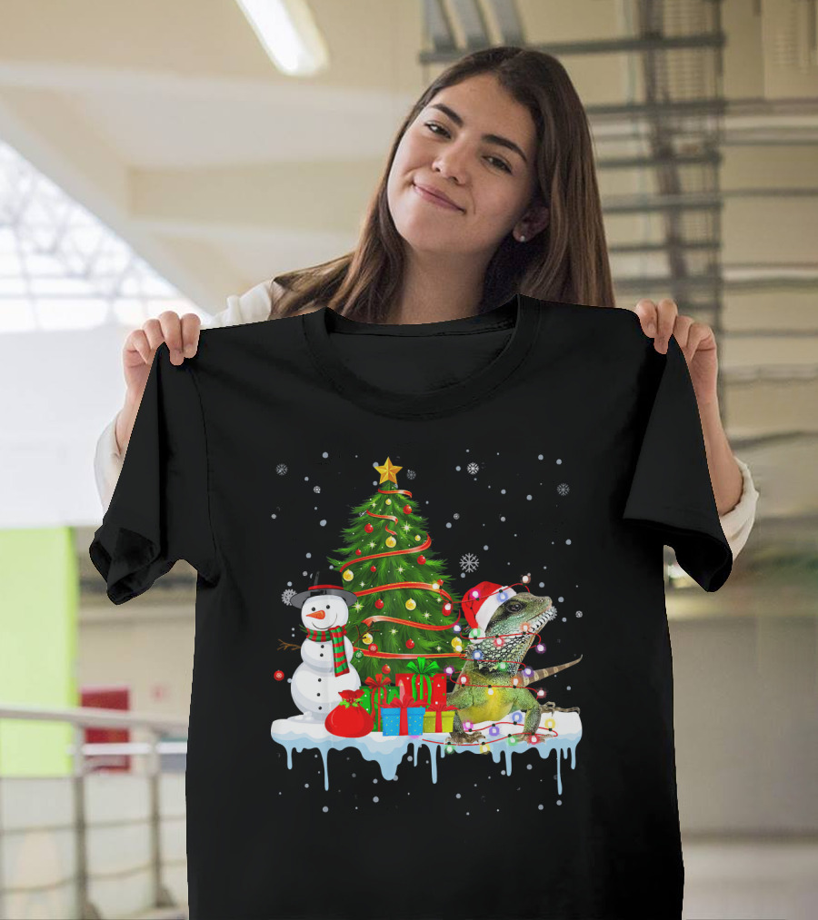 Iguana in Santa Hat with Christmas Tree Lights and Snowman in Snow T-Shirt