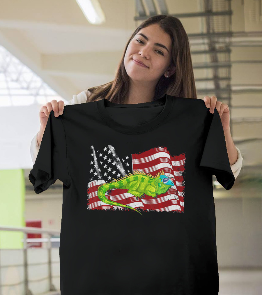Iguana Wearing Sunglasses on American Flag for 4th of July T-Shirt