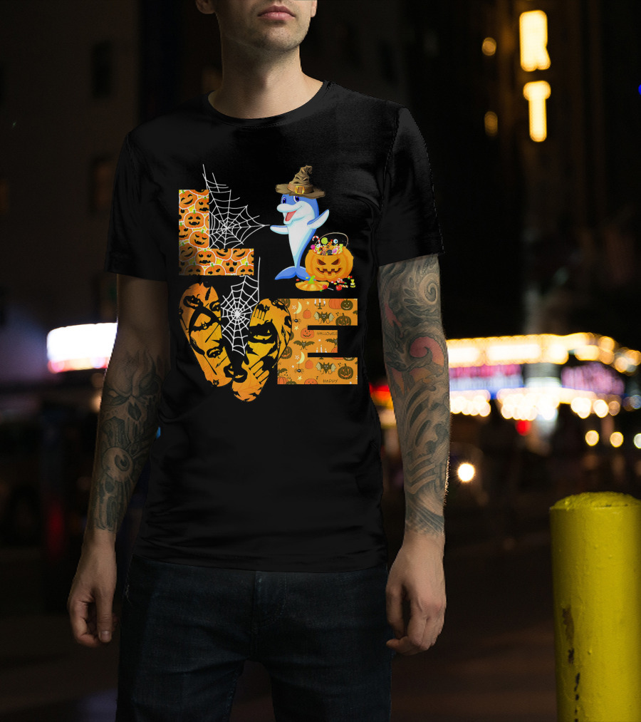 LOVE Halloween Dolphin Pumpkin Spider Web Hat T-Shirt