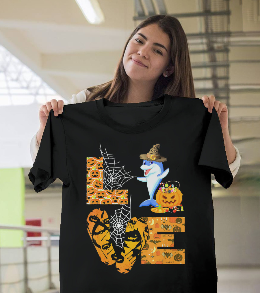LOVE Halloween Dolphin Pumpkin Spider Web Hat T-Shirt
