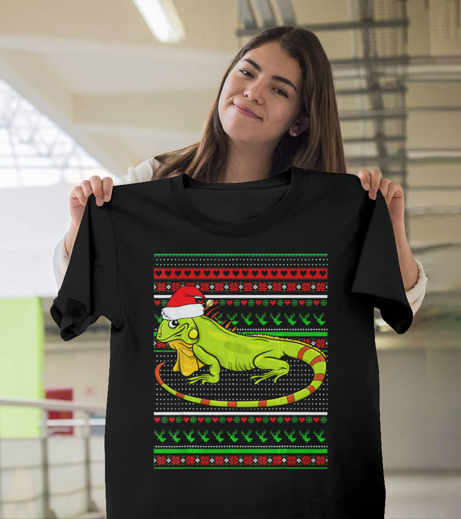 Merry Christmas Iguana Santa Hat Ugly Sweater Reindeer T-Shirt