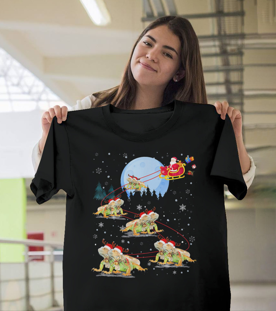 Iguana Reindeer Santa Sled Flying Under Moonlight with Presents T-Shirt