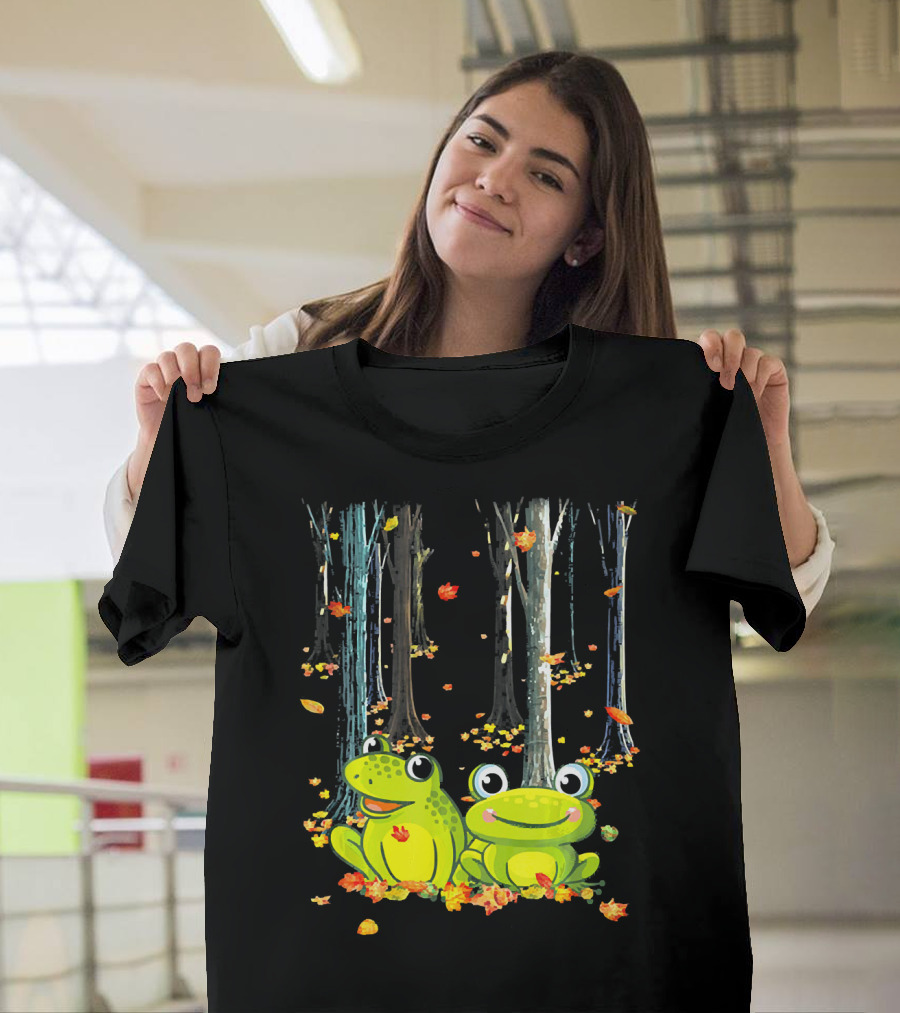 Frogs in Fall Forest with Maple Leaves Hello Autumn T-Shirt
