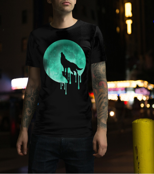 Howling Wolf Dripping Moon Galaxy Space T-Shirt