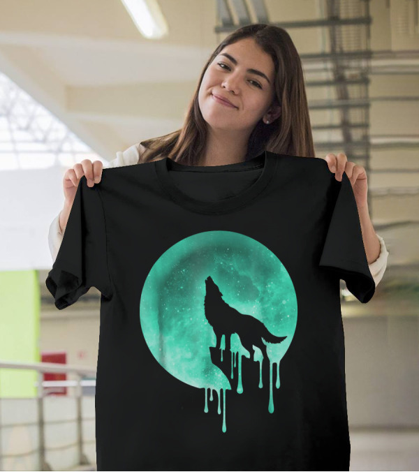Howling Wolf Dripping Moon Galaxy Space T-Shirt