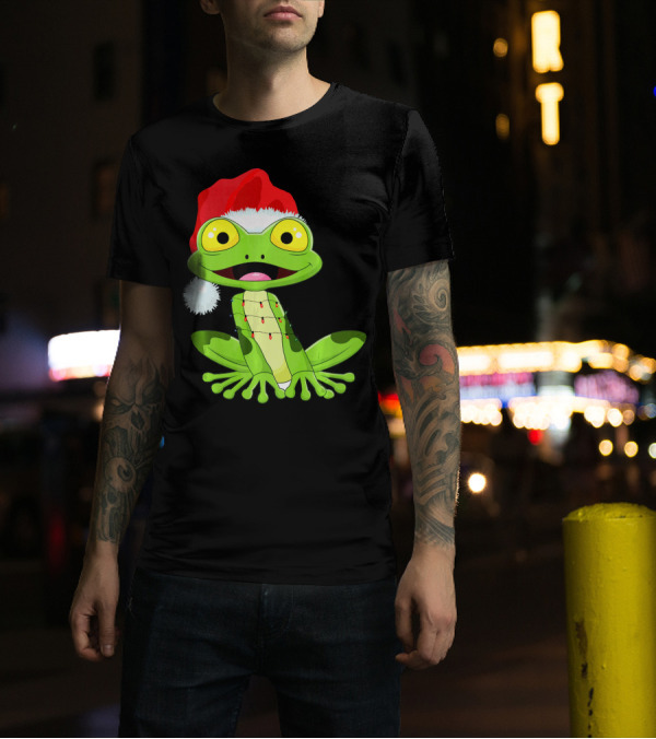 Merry And Bright Frog With Santa Hat And Holiday Lights T-Shirt