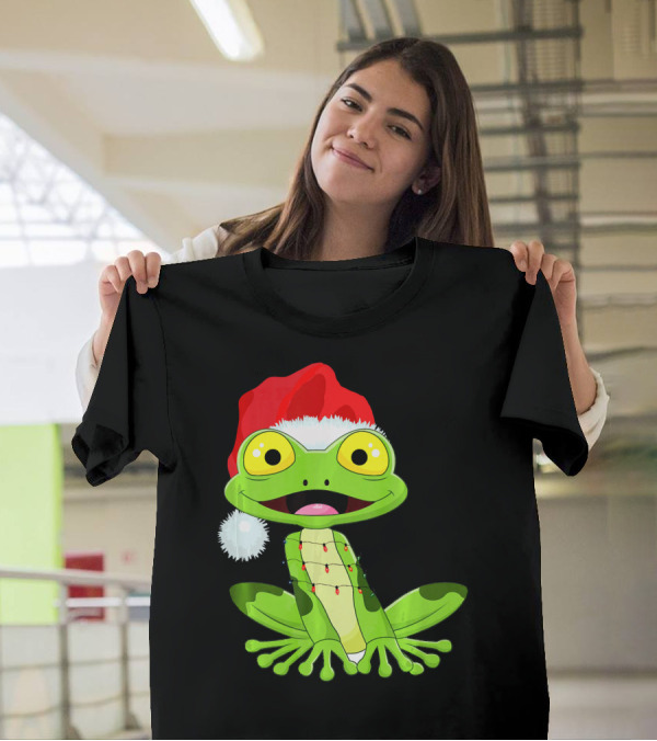 Merry And Bright Frog With Santa Hat And Holiday Lights T-Shirt