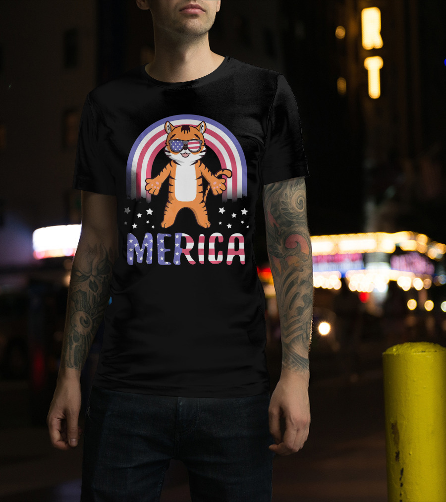 Merica Tiger USA American Flag July 4th T-Shirt