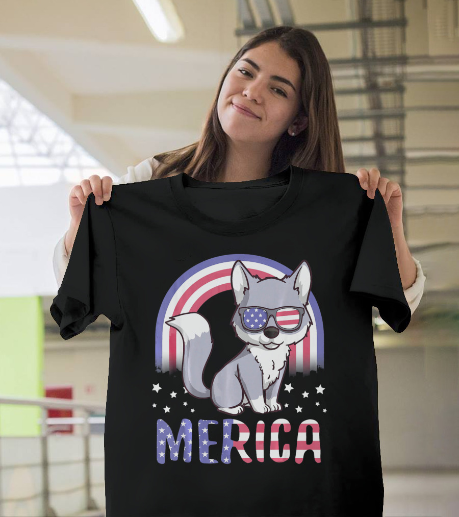 Merica Wolf USA American Flag Stars 4th of July Independence Day T-Shirt