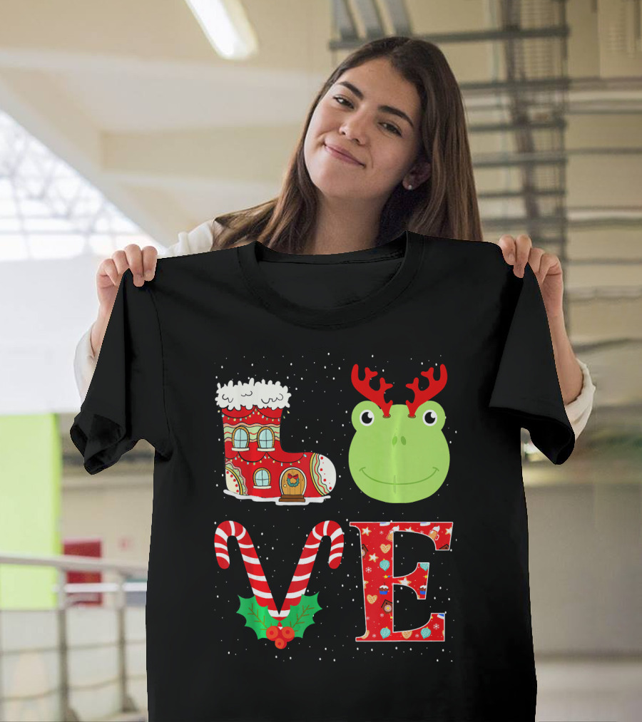 Love Christmas Boot Candy Cane Frog Reindeer Horns T-Shirt