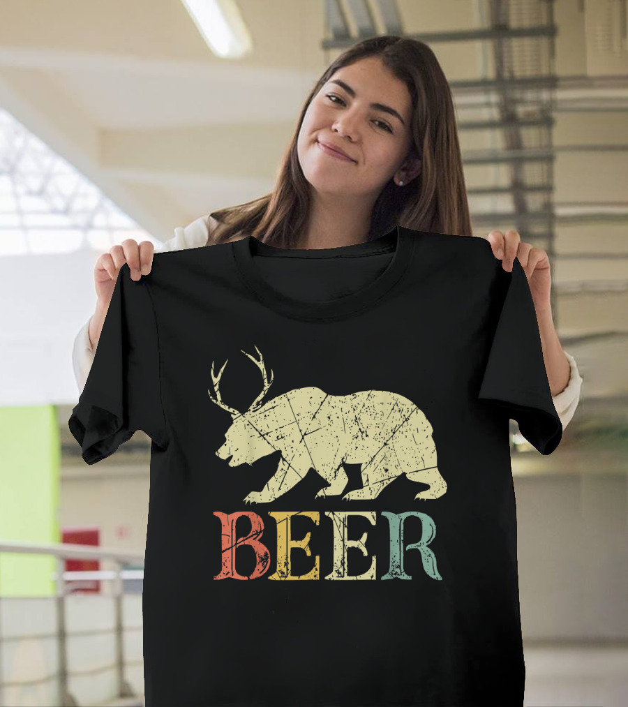 BEER Antlered Bear Silhouette Retro T-Shirt