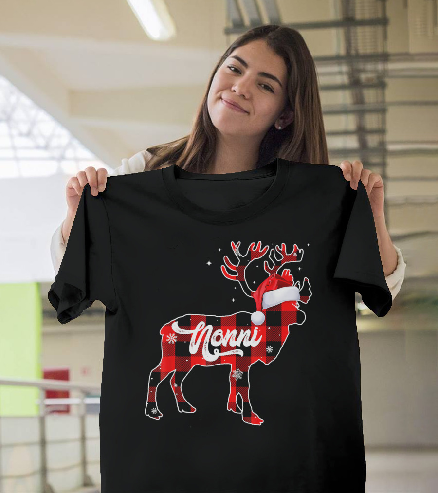 Nonni Deer Christmas Family Matching Pajamas Wearing Santa Hat Plaid T-Shirt