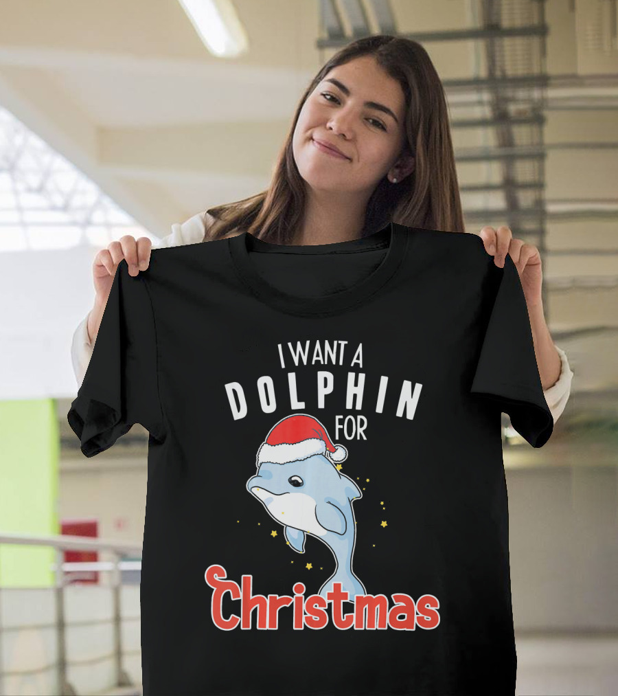I Want A Dolphin For Christmas Santa Hat Cute Holiday T-Shirt