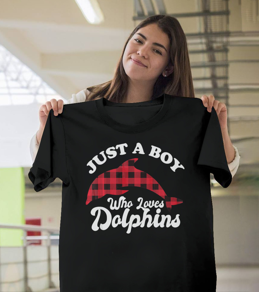 Just a Boy Who Loves Dolphins Buffalo Plaid Xmas T-Shirt