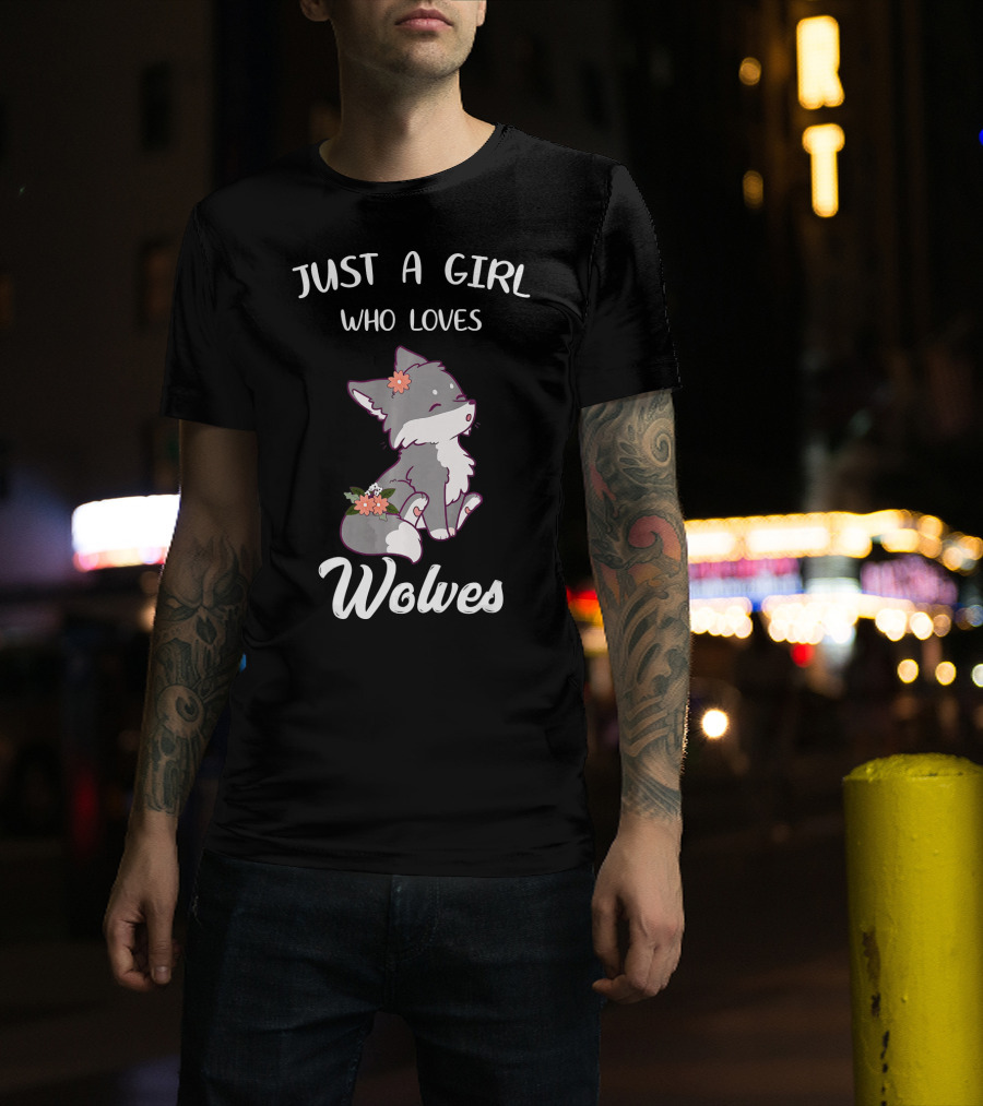 Just A Girl Who Loves Wolves Cute Wolf Cartoon With Flowers T-Shirt