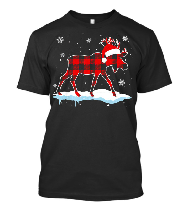 Moose Merry Christmas Red Plaid Santa Hat Snowflakes T-Shirt