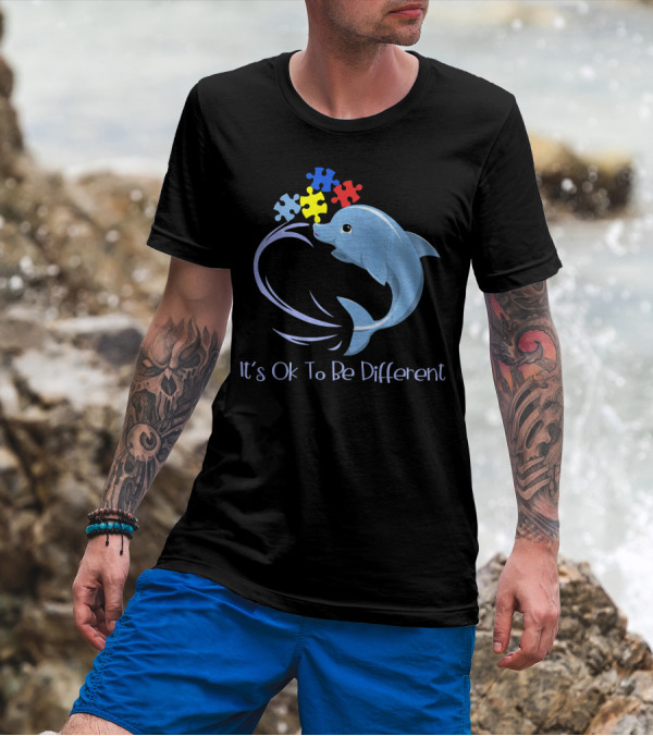 Its Ok To Be Different Autism Awareness Dolphin Puzzle Pieces T-Shirt