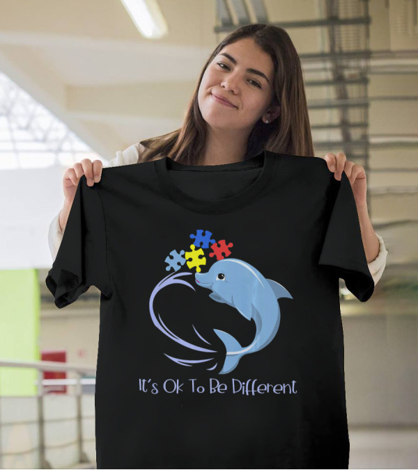 Its Ok To Be Different Autism Awareness Dolphin Puzzle Pieces T-Shirt