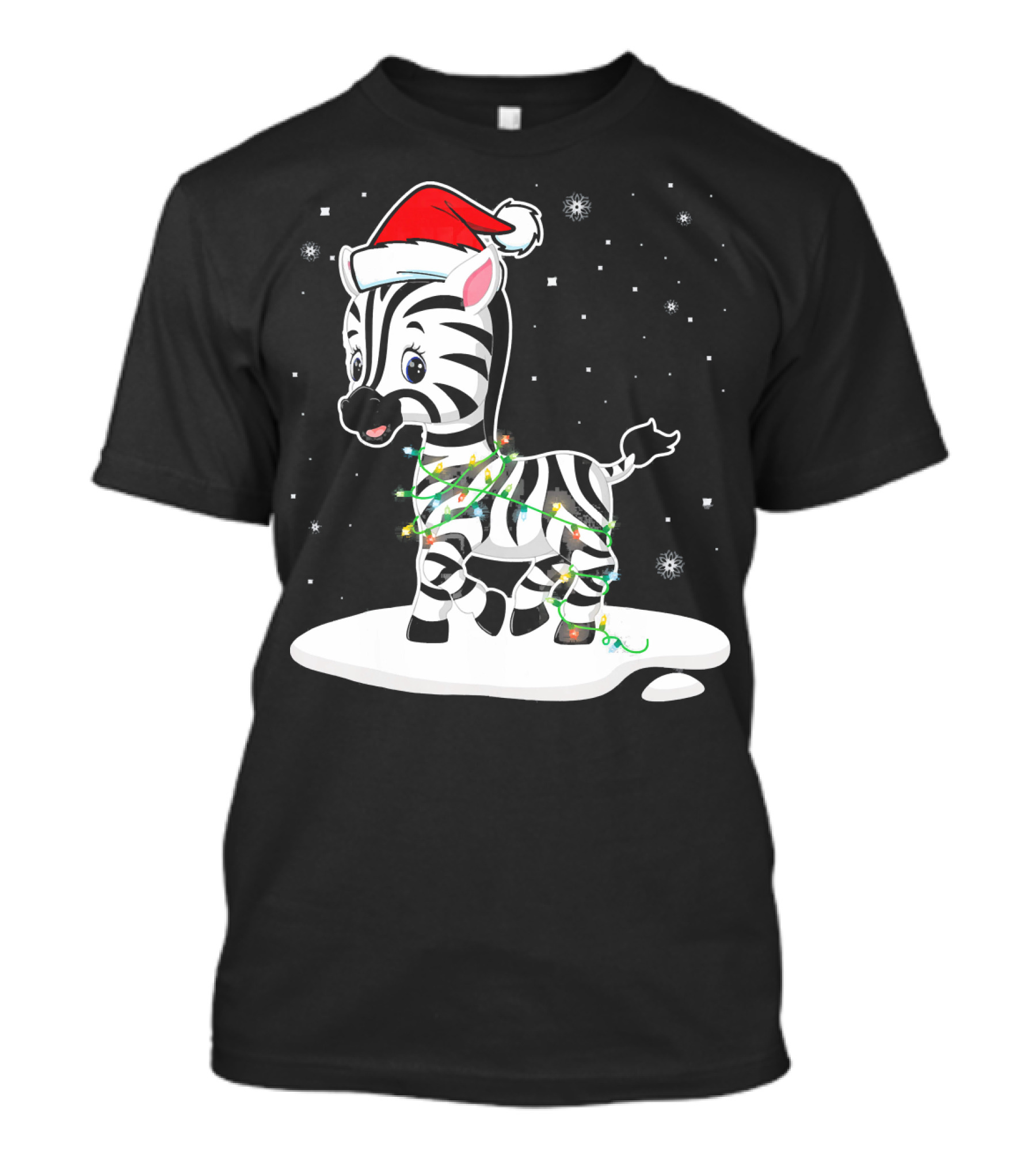 Lovely Zebra Santa Xmas Lights On Snowy Ground T-Shirt