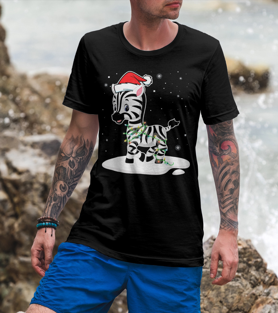 Lovely Zebra Santa Xmas Lights On Snowy Ground T-Shirt