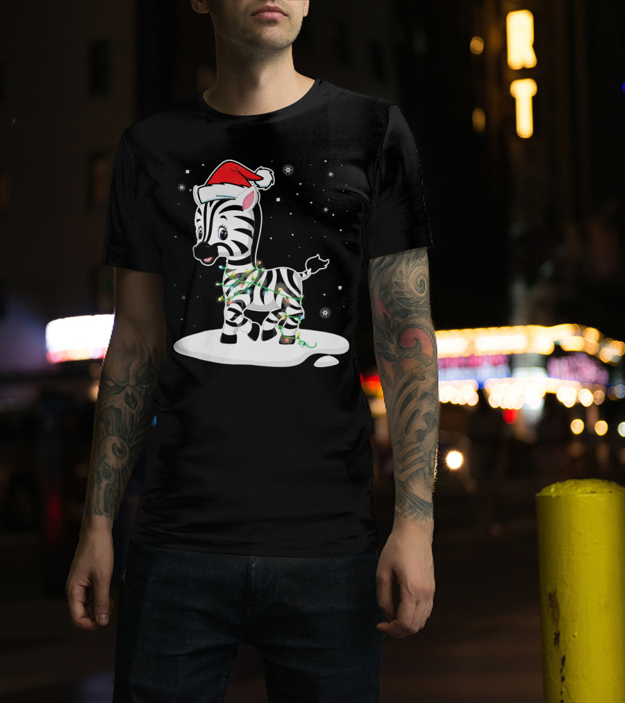 Lovely Zebra Santa Xmas Lights On Snowy Ground T-Shirt