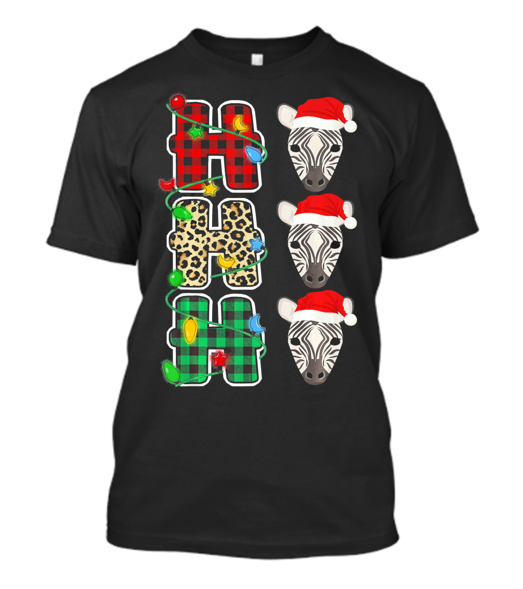 HO HO HO Santa Hat Zebra Leopard Plaid Christmas Lights T-Shirt