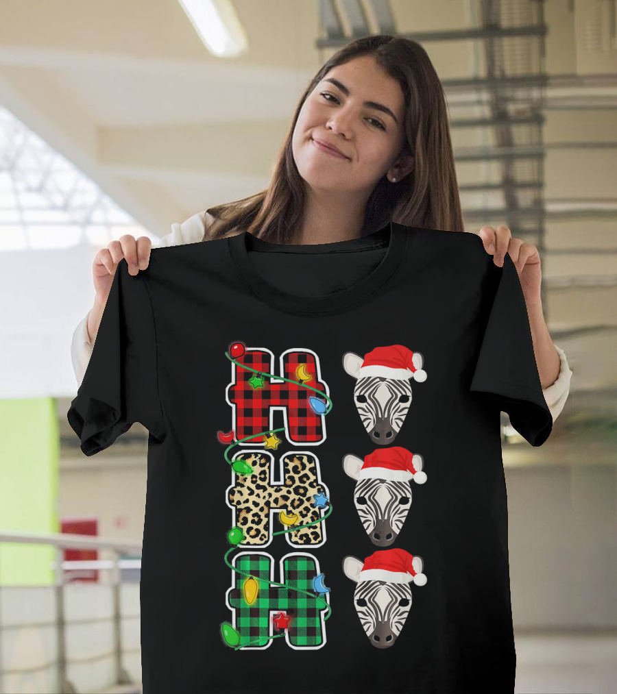 HO HO HO Santa Hat Zebra Leopard Plaid Christmas Lights T-Shirt