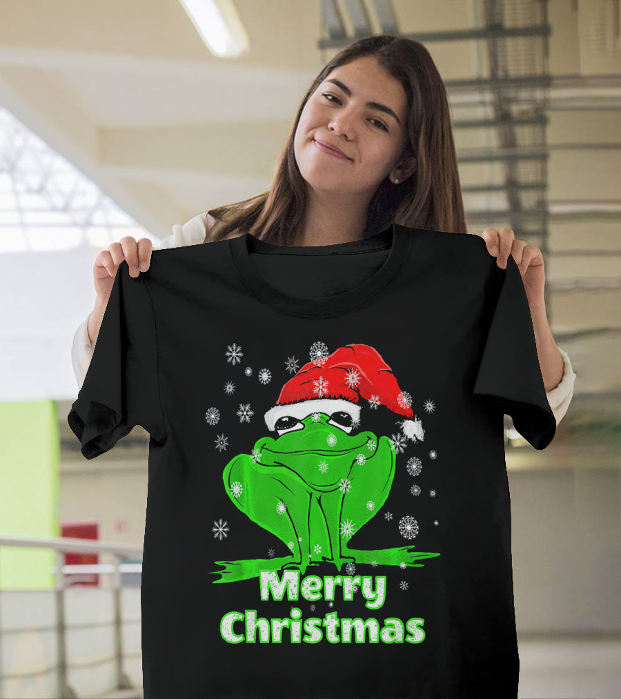Merry Christmas Frog Santa Hat Snowflakes T-Shirt