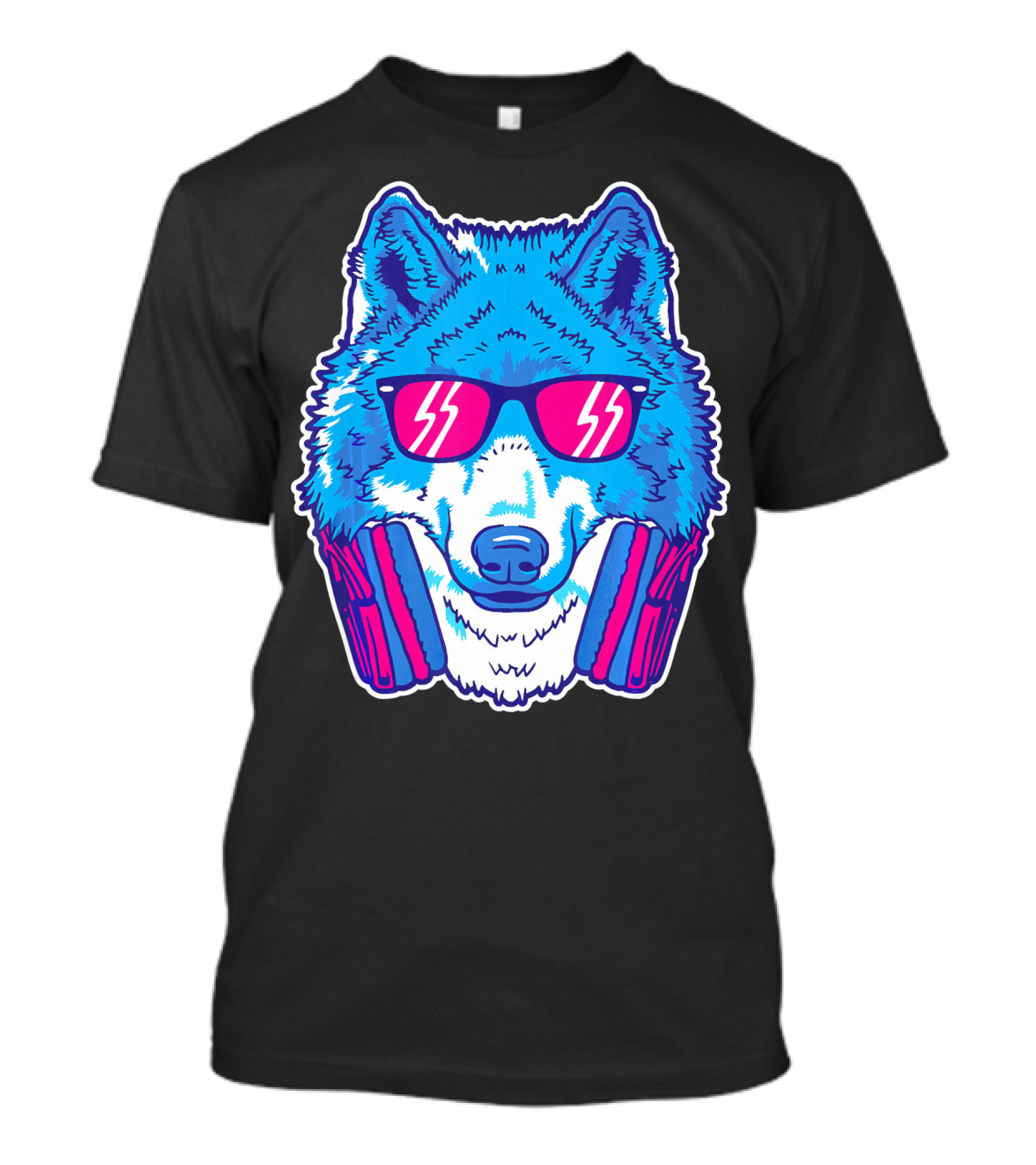 EDM Raver Wolf With Headphones And Sunglasses Electric Blue Neon T-Shirt