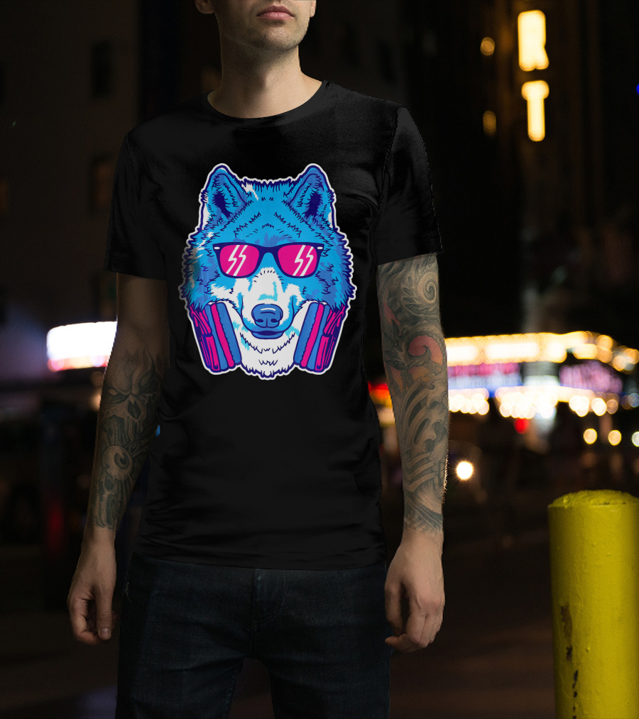 EDM Raver Wolf With Headphones And Sunglasses Electric Blue Neon T-Shirt