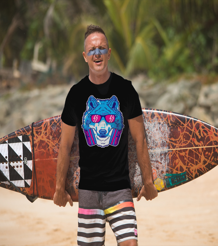 EDM Raver Wolf With Headphones And Sunglasses Electric Blue Neon T-Shirt