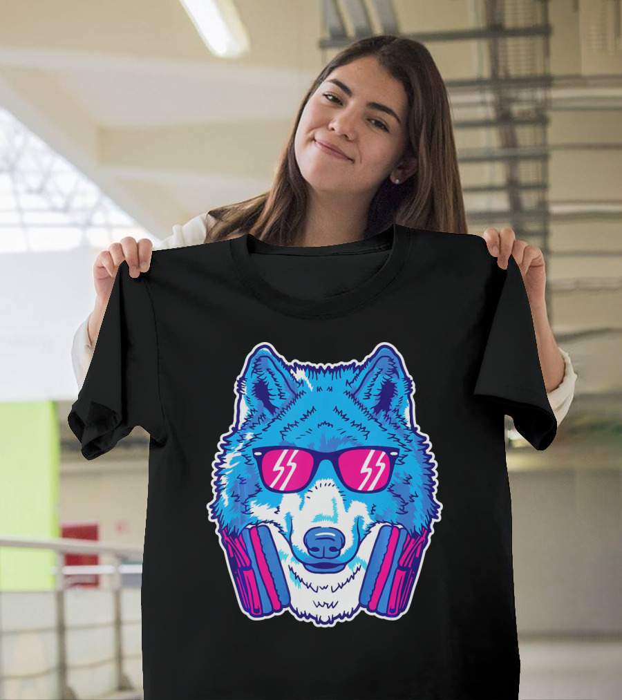 EDM Raver Wolf With Headphones And Sunglasses Electric Blue Neon T-Shirt