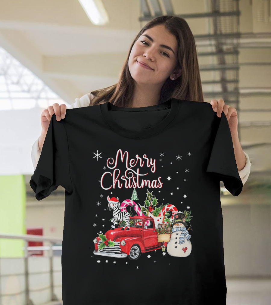 Merry Christmas Zebra Santa Hat Red Truck Snowman Candy Canes T-Shirt